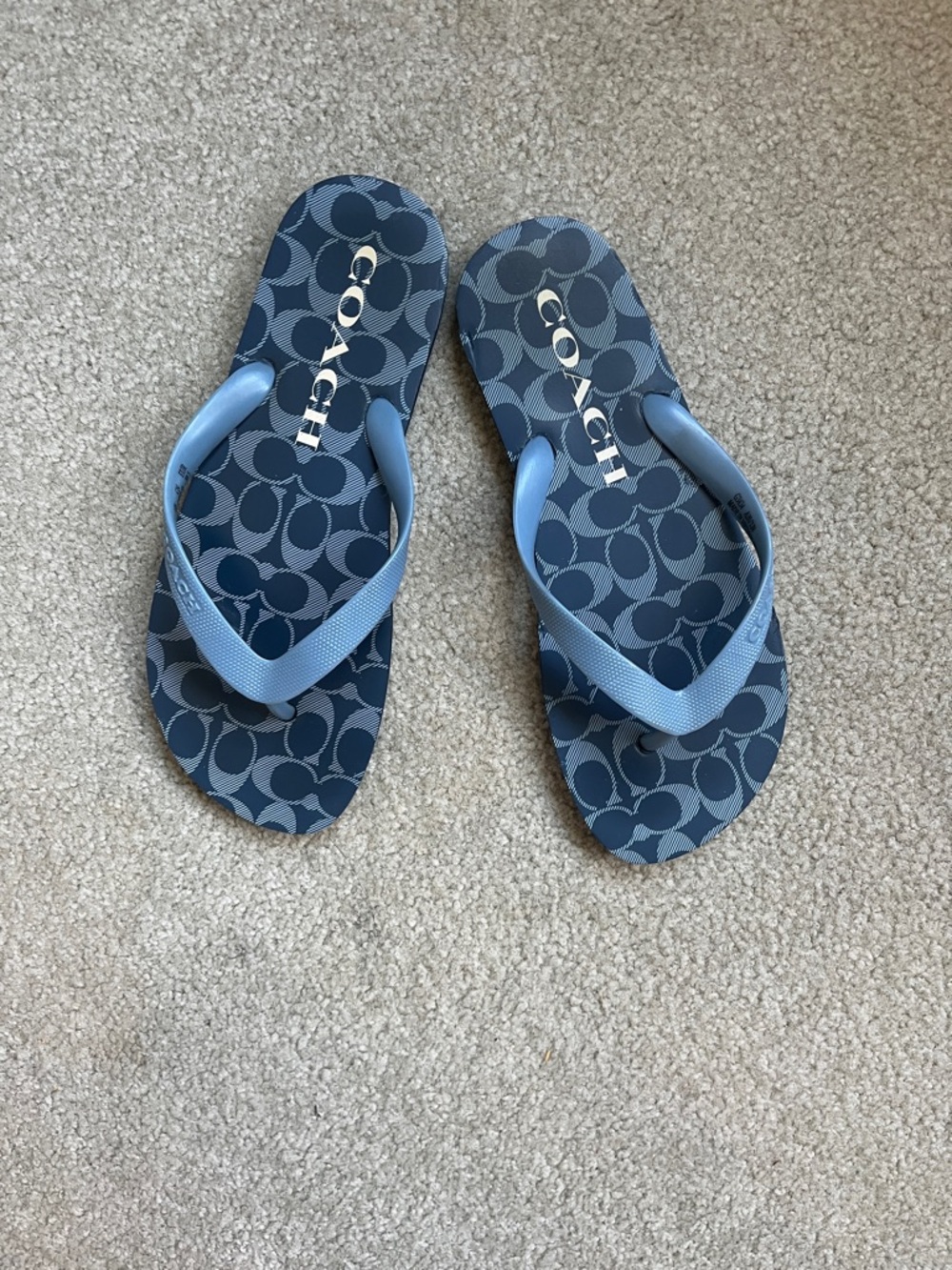 Coach Blue Logo Pattern Flip Flops with Light Blue Straps